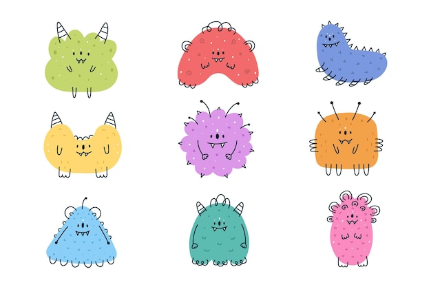 Hand getekende schattige kleine doodle monsters met grappige gezichten vector set