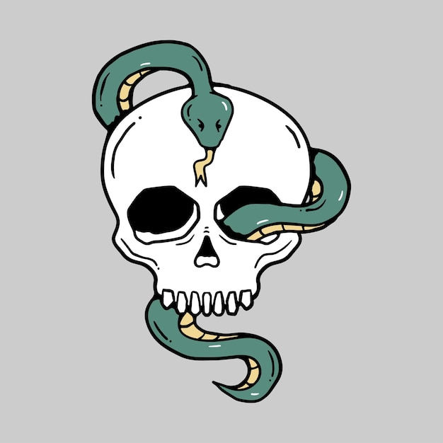 Vector hand getekende schedel met slang doodle