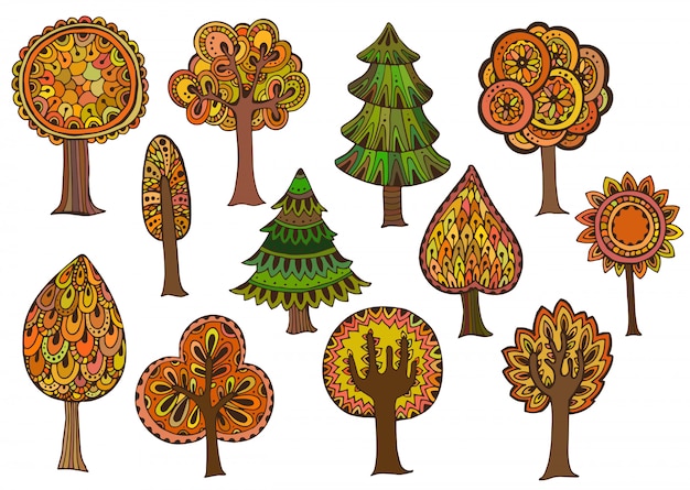 Hand getekende set herfst bomen