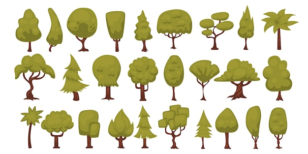 Hand getekende set van bos boom natuur plant objecten elementen vector illustratie