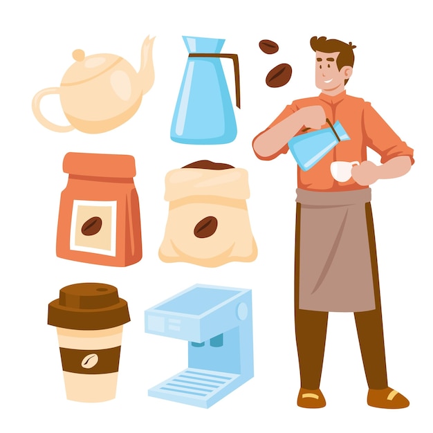 Hand getekende set van Cute Barista Objects Character Elements Vector illustratie set