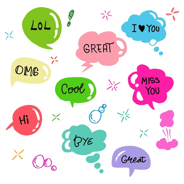 Hand getekende set van kleurrijke tekstballonnen met dialoog woorden geïsoleerd op een witte achtergrond doodle vectorillustratie
