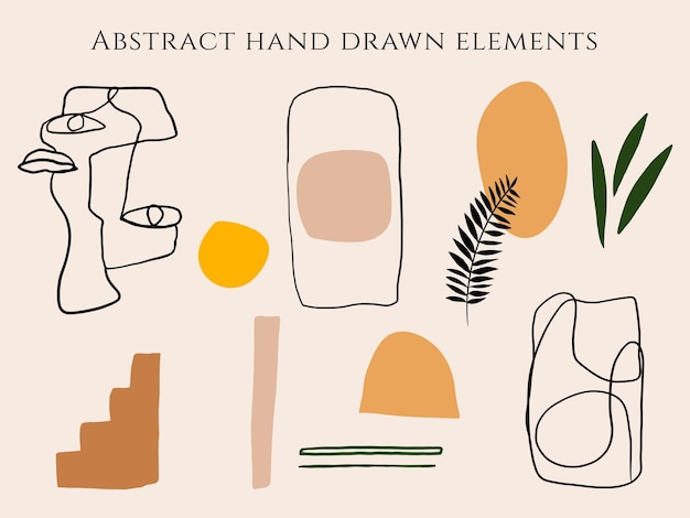 Hand getekende set van verschillende vormen lijn kunst organische objecten tropische bladeren abstract gezicht