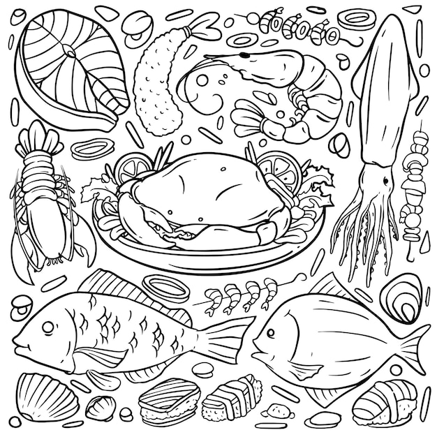 Vector hand getekende set zeevruchten illustratie kreeft krab oester mossel inktvis en garnalen zeevruchten doodles geïsoleerd op een witte achtergrond vectorillustratie