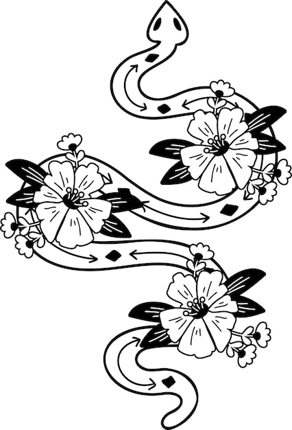 Hand getekende slangen en bloemen boho stijl illustratie