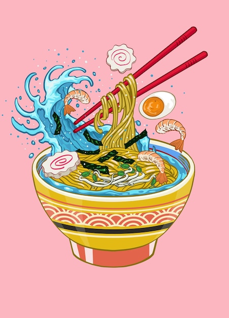 Hand getekende stijl van Delicious Ramen Noodle Japanse Vintage Wave schilderij