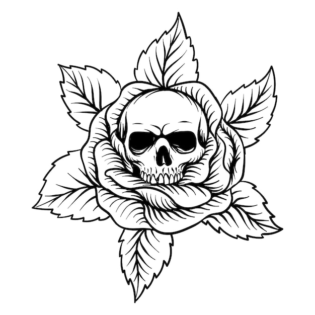 hand getekende t-shirt ontwerp roos met schedel lijntekeningen zwart-wit