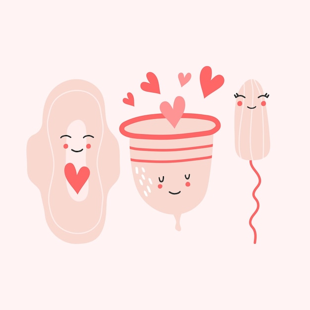 Hand getekende Tampon, Pad en menstruatiecup - smiley stripfiguren. Vrouwelijke achtergrond.