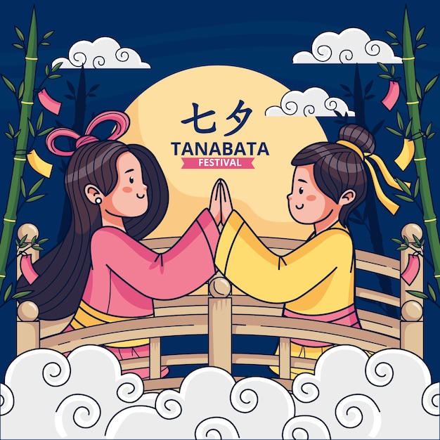 Hand getekende tanabata illustratie met paar hand in hand op bridge
