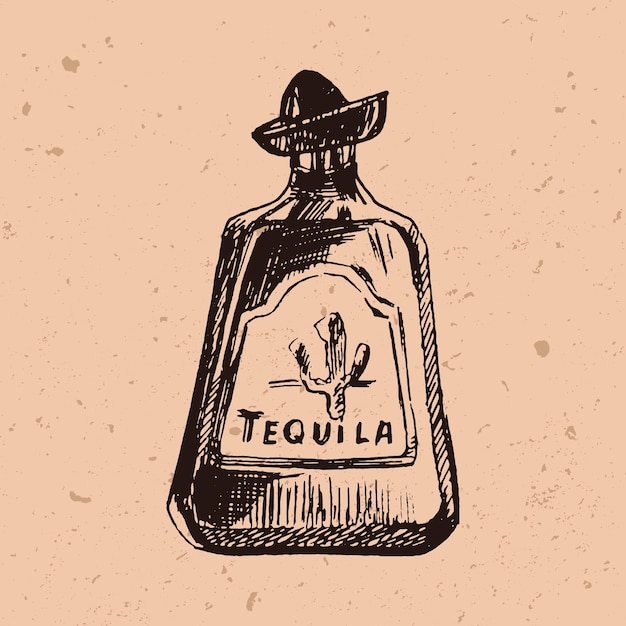 Hand getekende Tequila fles in gravure stijl inkt schets van alcoholische drank vectorillustratie