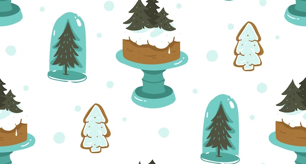 Hand getekende vector abstracte cartoon kerst naadloze patroon met Scandinavische home decoratie elementen glas bulbholiday cake op stand en peperkoek cookies geïsoleerd op witte achtergrond