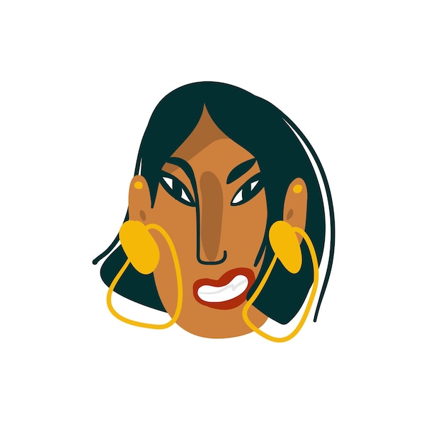 Hand getekende vector abstracte cartoon plat minimalistische moderne grafische Indiase meisje avatar portret karakter met oorbellen stock illustratie kunst geïsoleerd op een witte achtergrond