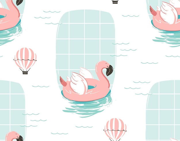 Hand getekende vector abstracte cartoon zomertijd leuke illustratie naadloze patroon met roze flamingo boei float circleswimming pool en hete luchtballon geïsoleerd op witte achtergrond