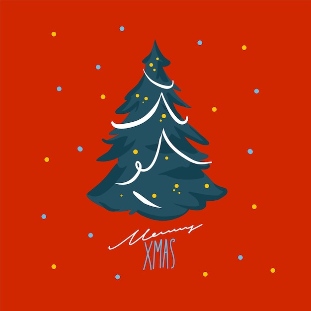 Hand getekende vector abstracte grafische cartoon prettige kerstdagen en gelukkig nieuwjaar illustraties wenskaart met schattige versieren kerstboom merry christmas schattig ontwerp achtergrond concept kaart