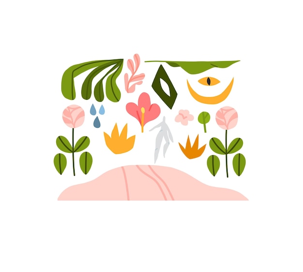 Hand getekende vector abstracte grafische clip art illustraties collectie set compositie met abstracte boho natuur vormen van bloesem bloemenbladeren en maanmodern magisch natuurontwerp botanische tuin
