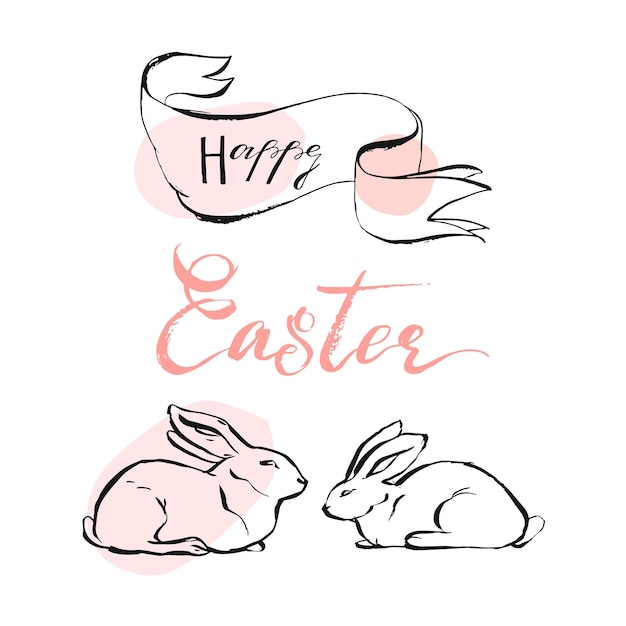 Hand getekende vector abstracte happy easter groet illustratie met witte konijnen en handgeschreven moderne kalligrafie offerte happy easter in pastel kleuren geïsoleerd op een witte achtergrond leuke decoratie