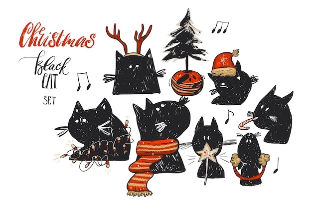 Hand getekende vector abstracte kerst illustraties collectie set met grappige doodle zwarte kat tekens in rode kerst kleding en kerstboom in pot geïsoleerd op wit Gelukkig Nieuwjaar concept