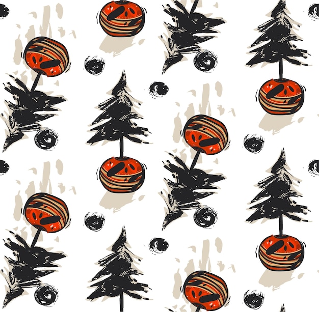 Hand getekende vector abstracte kerstbomen naadloze patroon met droge borstel geschilderd kerstboom in rode potten geïsoleerd op een witte backgrounddesign for christmas inwikkeling pappergreeting cardfashion