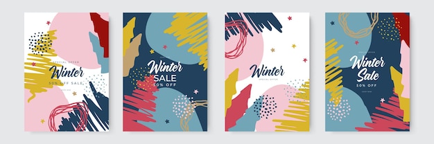 Hand getekende vector abstracte leuke winter verkoop Merry Christmas illustraties wenskaarten sjabloon en...