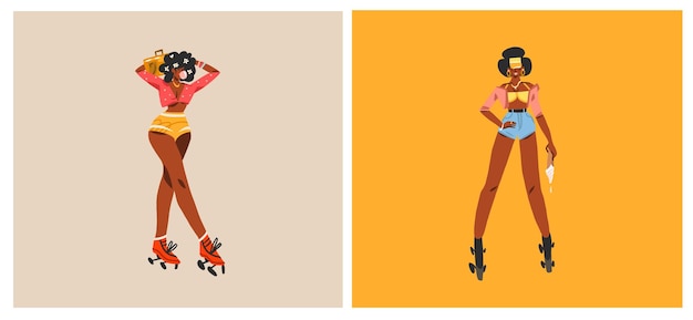 Hand getekende vector abstracte moderne grafische illustraties tekens collectie set van jonge vrouwen op disco party en skaten jaren 90 elementen Afro-Amerikaanse concept Cartoon Characterdesign
