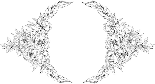 Hand getekende vector cirkel frame krans regeling met pioen bloemen toppen en bladeren geïsoleerd op een witte achtergrond Ontwerp voor uitnodigingen bruiloft of wenskaarten behang print textiel