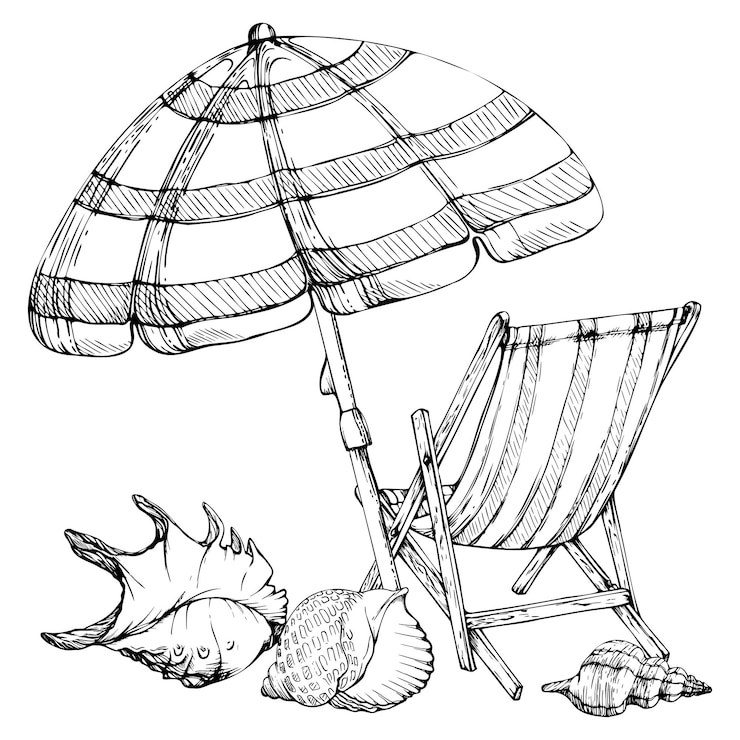 Vector hand getekende vector inkt samenstelling zeegezicht met strandstoel en parasol zeevis op zand geïsoleerd op witte achtergrond ontwerp kunst aan de muur bruiloft print stof omslagkaart toerisme reisboekje