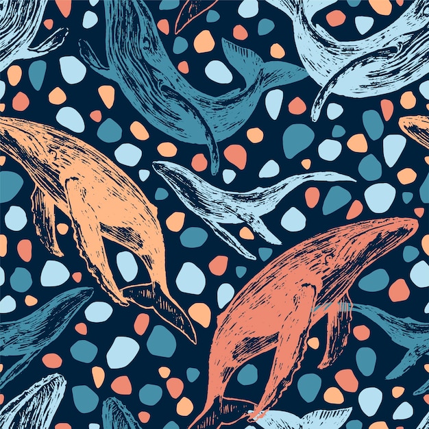 Hand getekende vector naadloze patroon van prachtige walvissen. oceaan dier schetst behang. abstracte retro grafische achtergrond. helder kleurrijk modern ontwerp voor print, verpakking, decor, textiel, stof.