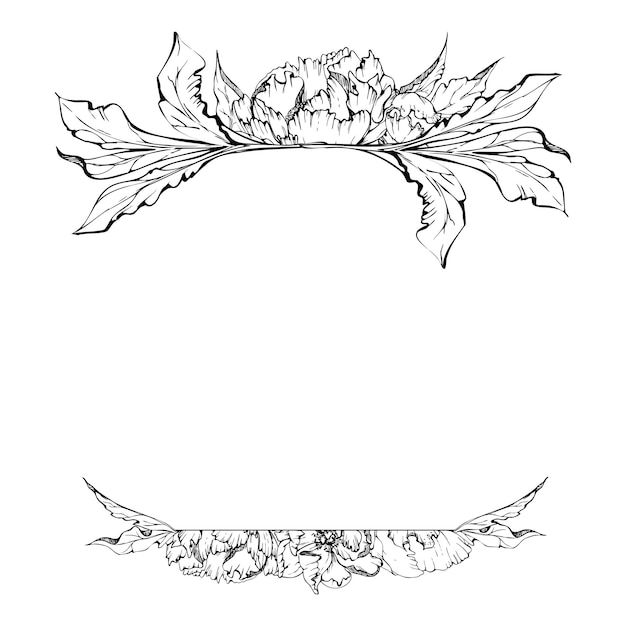 Hand getekende vector vierkante frame krans regeling met pioen bloemen toppen en bladeren geïsoleerd op een witte achtergrond Ontwerp voor uitnodigingen bruiloft of wenskaarten behang print textiel