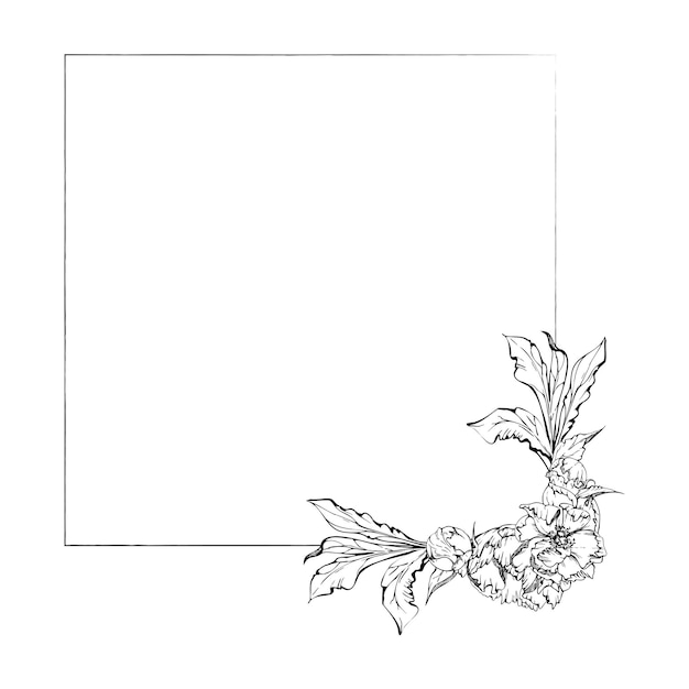 Hand getekende vector vierkante frame krans regeling met pioen bloemen toppen en bladeren geïsoleerd op een witte achtergrond Ontwerp voor uitnodigingen bruiloft of wenskaarten behang print textiel