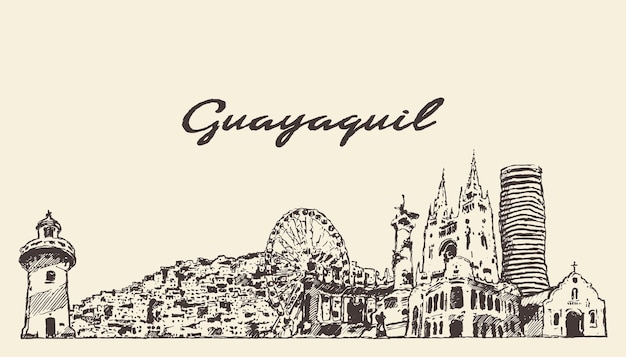 Hand getekende vectorillustratie van de skyline van Guayaquil, Ecuador