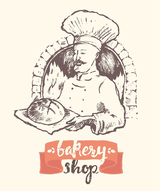 Hand getekende vectorillustratie van een bakker man, bakkerij winkel sjabloon, sketch