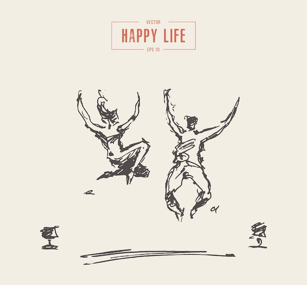 Hand getekende vectorillustratie van een gelukkig paar liefdevolle mensen, springen op bed