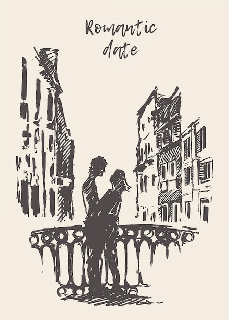 Hand getekende vectorillustratie van een verliefde paar staande op de bridge