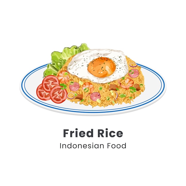 Hand getekende vectorillustratie van gebakken rijst of nasi goreng Indonesisch eten