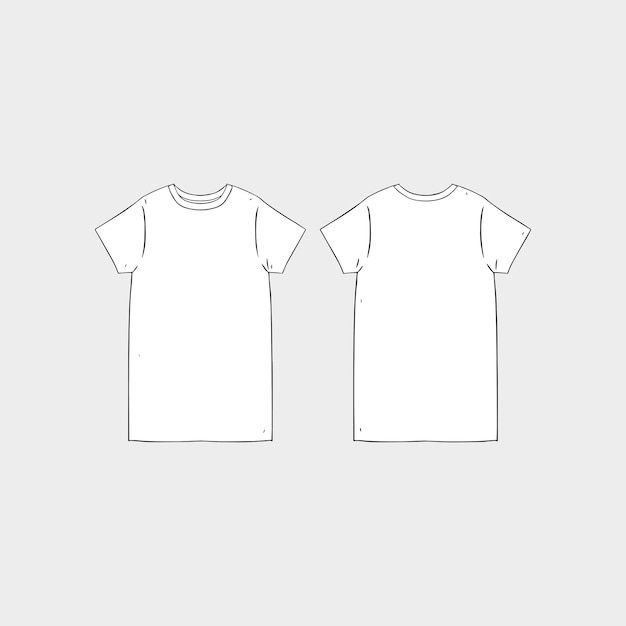 Hand getekende vectorillustratie van lege vrouwen korte mouw tshirt jurk ontwerpsjabloon