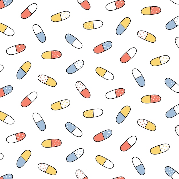 Hand getekende vectorillustratie van pil capsule geneeskunde patroon in cartoon stijl