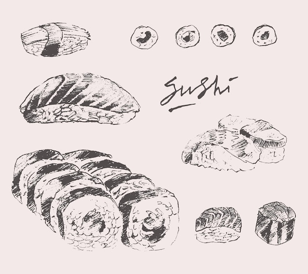 Hand getekende vectorillustratie van sushi set