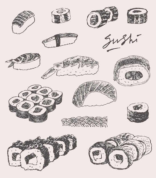 Hand getekende vectorillustratie van sushi set