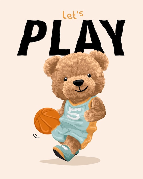 Hand getekende vectorillustratie van teddybeer cartoon basketballen