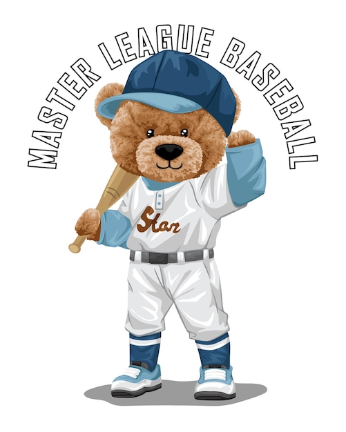 Hand getekende vectorillustratie van teddybeer die baseball speelt