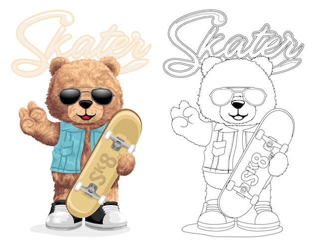 Hand getekende vectorillustratie van teddybeer dragen van een zonnebril en vest met skateboard