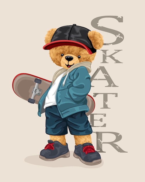 Hand getekende vectorillustratie van teddybeer in stedelijke stijl met skateboard