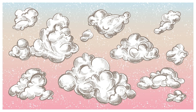 Hand getekende vintage gegraveerde wolken vector set gedetailleerde inkt illustratie sky hemel wolk schets