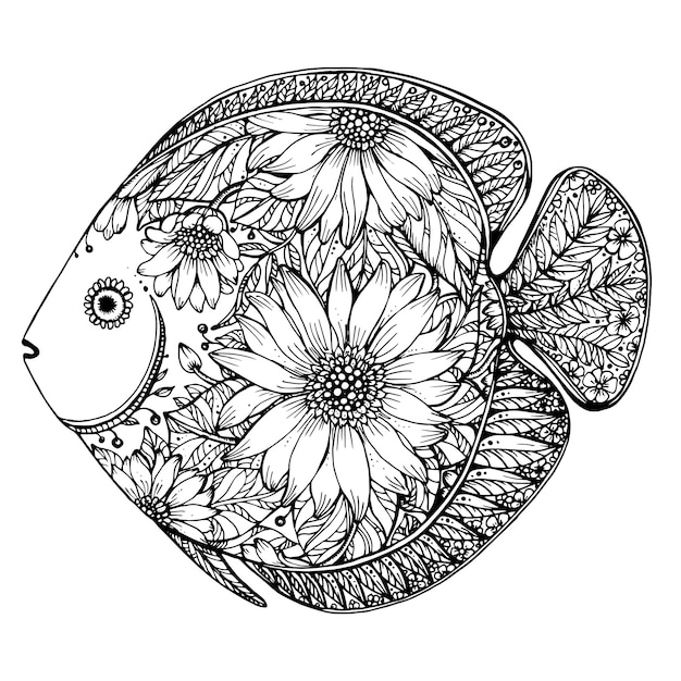 Vector hand getekende vis met florale elementen
