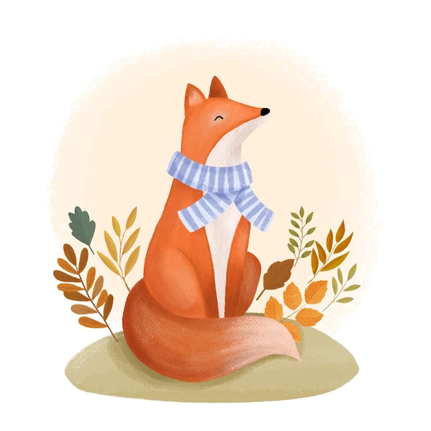 Hand getekende vos in sjaal, gelukkige herfst.