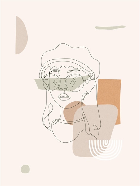 Hand getekende vrouw een lijn kunst illustratie met boho-stijl achtergrondelement