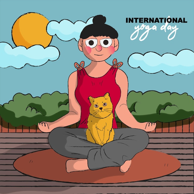 Hand getekende vrouw zittend op meditatie pose met kat op ronden buiten International Yoga Day concept Flat vector illustratie background