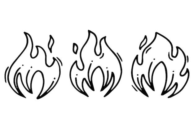 Vector hand getekende vuur pictogrammen vuur vlammen pictogrammen vector set hand getrokken doodle schets vuur zwart-wit tekening eenvoudig vuur symbool