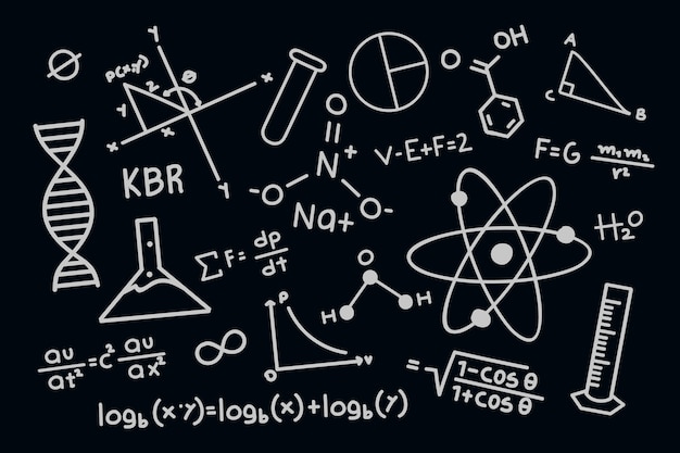 Vector hand getekende wetenschappelijke formules op schoolbord behang