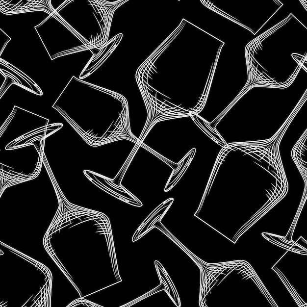 Hand getekende wijn glaswerk naadloze patroon op zwarte achtergrond. lege wijnglas achtergrond. graveerstijl. ontwerp van alcoholische drankglazen. vector illustratie